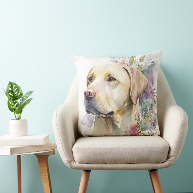 Watercolor Golden Labrador Retriever and Flowers Throw Pillow (Chair)