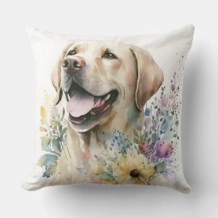 Watercolor Golden Labrador Retriever and Flowers Throw Pillow