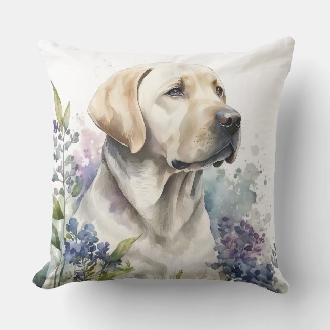 Watercolor Golden Labrador Retriever and Flowers Throw Pillow (Front)