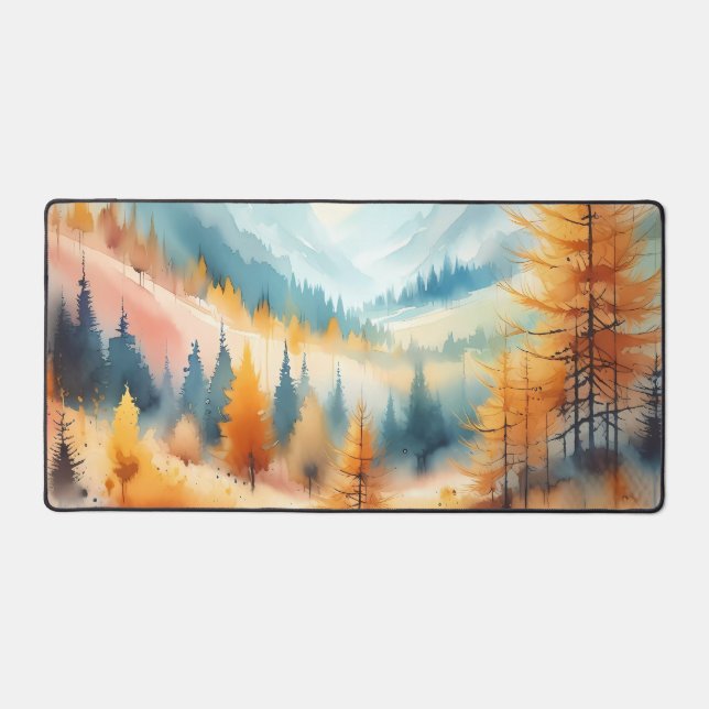 Watercolor Golden larches and colorful valleys Desk Mat (Front)