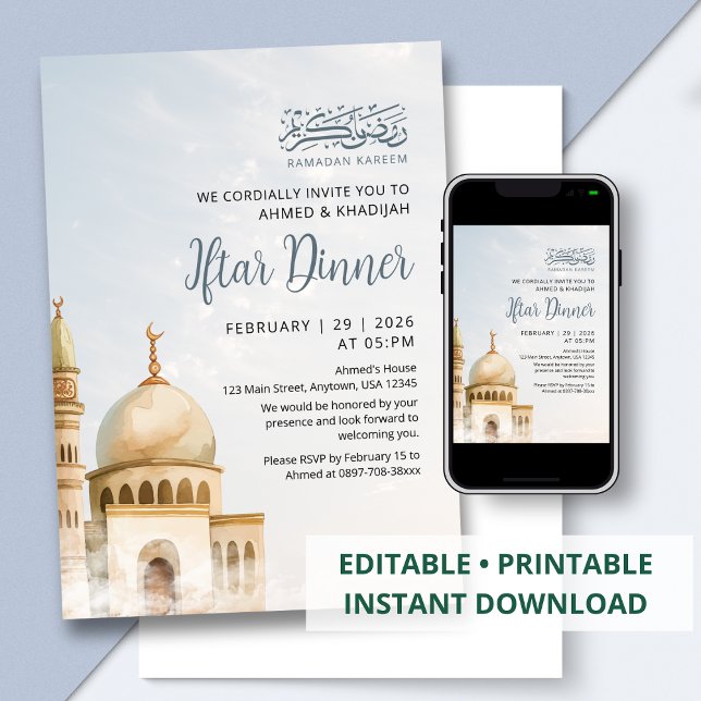 Watercolor Golden Mosque Ramadan Iftar Invitation (Creator Uploaded)