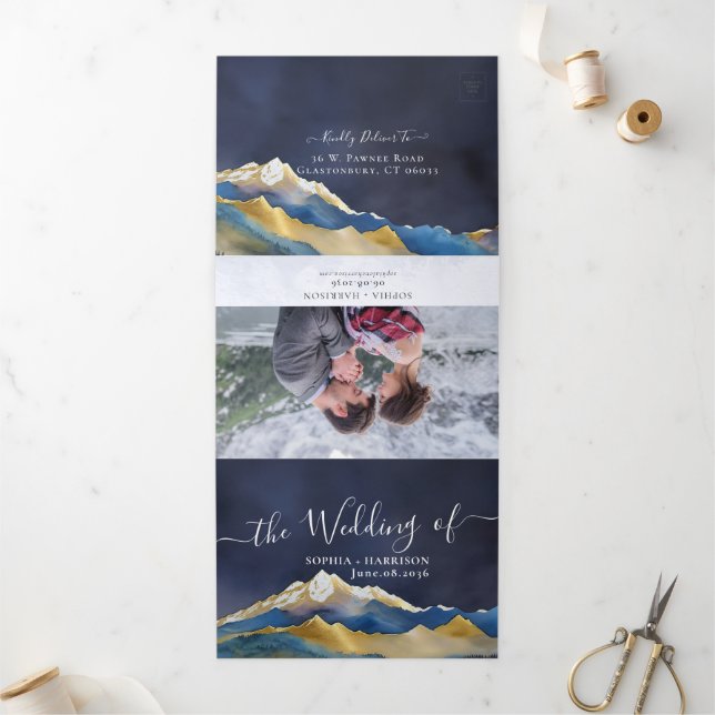 Watercolor Golden Mountains Photo Collage Wedding  Tri-Fold Invitation (Outside)