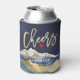 Watercolor Golden Mountains Wedding Cheers to Love Can Cooler