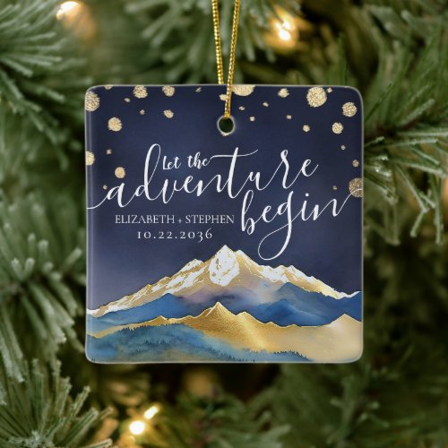 Watercolor Golden Mountains Wedding Save The Date Ceramic Ornament