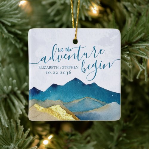 Watercolor Golden Mountains Wedding Save The Date Ceramic Ornament