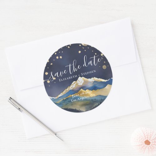 Watercolor Golden Mountains Wedding Save The Date Classic Round Sticker