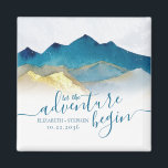 Watercolor Golden Mountains Wedding Save The Date Magnet<br><div class="desc">Let The Adventure Begin! Modern Vintage Elegant Wedding Save The Date Magnet Template - Blue Green and Faux Gold Foil Watercolor Mountains Landscapes Scenery. These Designs Can Be Personalized For Your Special Occasion And Would Be Perfect For Your Wedding, Bridal Shower, Engagement Party, Birthday Party And Many More Special Occasions....</div>