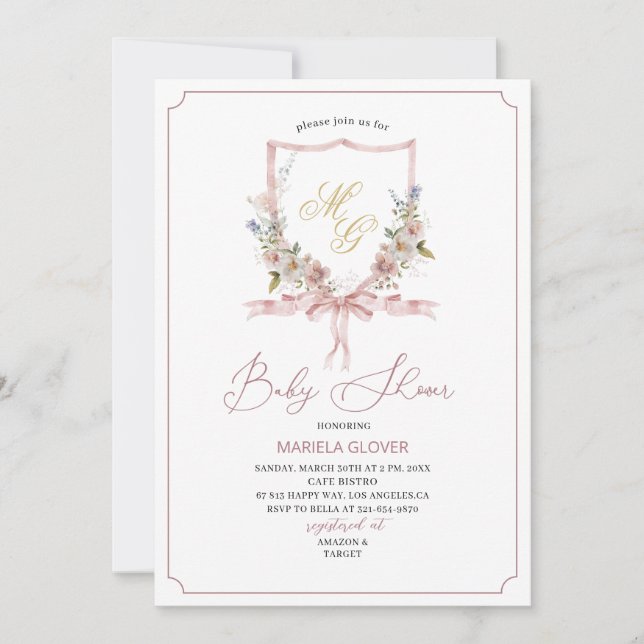 Watercolor  Golden Pink flowers crests  baby Showe Invitation (Front)