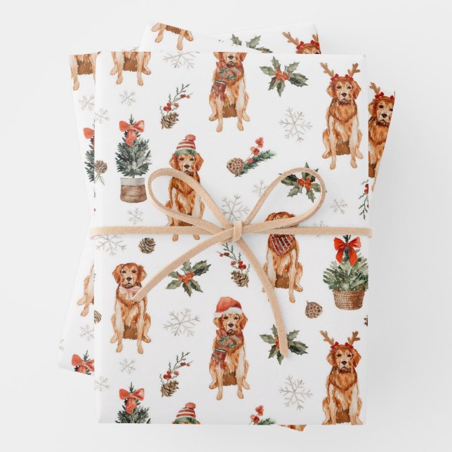 Watercolor Golden Retriever Christmas Dogs Wrapping Paper Sheets (In situ)