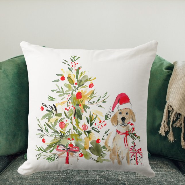 Watercolor Golden Retriever Christmas Throw Pillow (Creator Uploaded)
