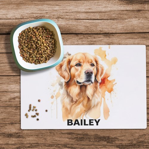 Watercolor Golden Retriever Custom Pet Food Mat