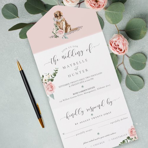 Watercolor Golden Retriever Dog  Floral Pink Rose All In One Invitation