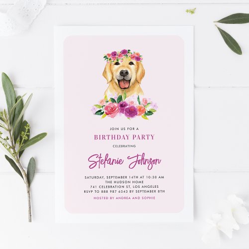 Watercolor Golden Retriever Floral Dog Birthday Invitation