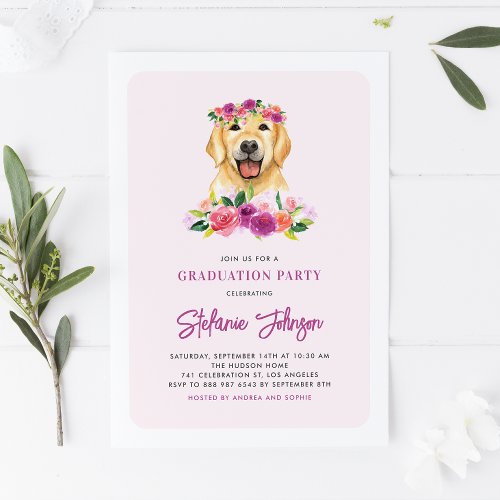 Watercolor Golden Retriever Floral Graduation Invitation