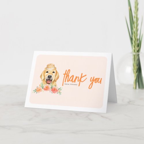 Watercolor Golden Retriever Peach Flowers Birthday Thank You Card