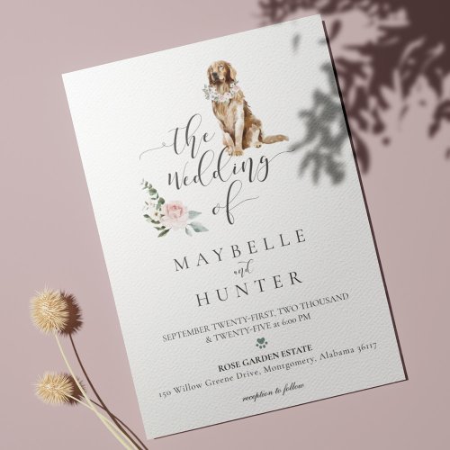 Watercolor Golden Retriever Pet  Floral Pink Rose Invitation