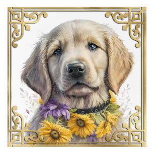 Watercolor Golden Retriever Puppy with Gold Frame Acrylic Print