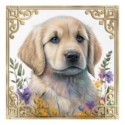 Watercolor Golden Retriever Puppy with Gold Frame Acrylic Print