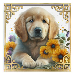 Watercolor Golden Retriever Puppy with Gold Frame Acrylic Print