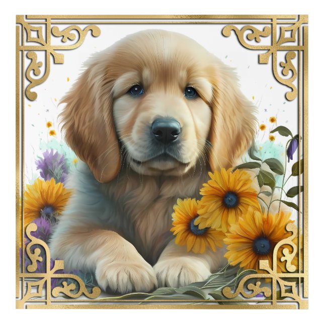 Watercolor Golden Retriever Puppy with Gold Frame Acrylic Print (Front)