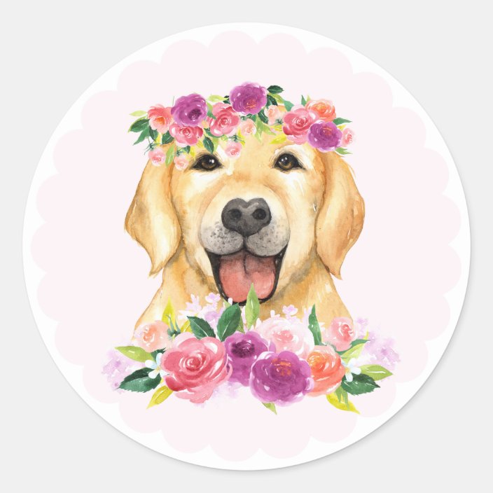 Watercolor Golden Retriever With Floral Crown Classic Round Sticker Zazzle Com