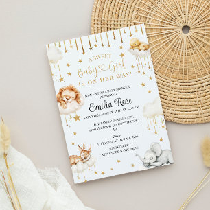 Watercolor Golden Stars & Baby Animals Baby Girl Invitation