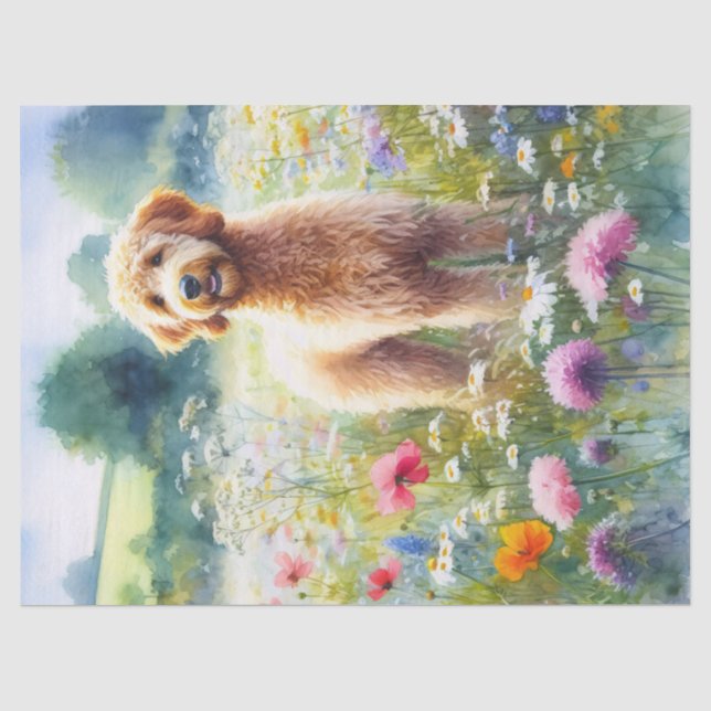 Watercolor Goldendoodle Dog Wildflowers Decoupage Tissue Paper (Front)