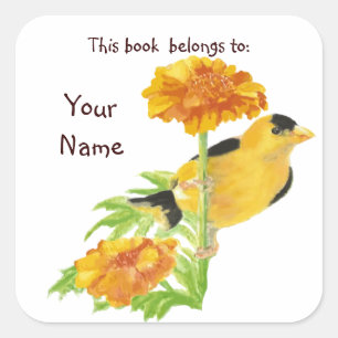 Watercolor Goldfinch Bird Marigold Bookplate