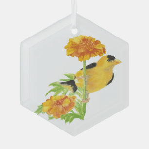 Watercolor Goldfinch Bird Marigold Garden Flower Glass Ornament