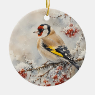 Watercolor Goldfinch Bird on Winter Berries Ceramic Ornament