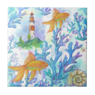 Watercolor Goldfish and Coral Ceramic Tile