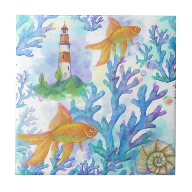 Watercolor Goldfish and Coral Ceramic Tile (Front)