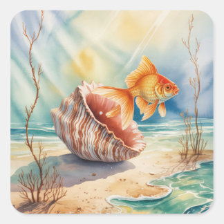 Watercolor Goldfish in Coral Shell Square Sticker