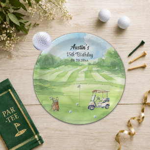 Watercolor Golf Course 15th Birthday Party Paper Plates