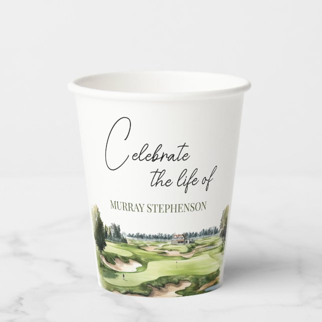 Watercolor Golf Course Golfer Memorial Paper Cups (Front)