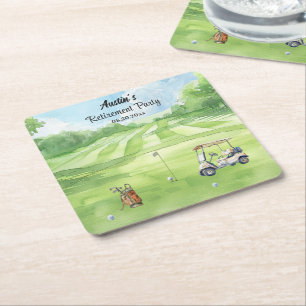 Watercolor Golf Course Retirement Party Square Paper Coaster