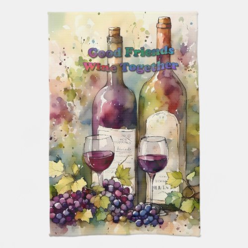 Watercolor Good Friends Wine Together   Kitchen Towel