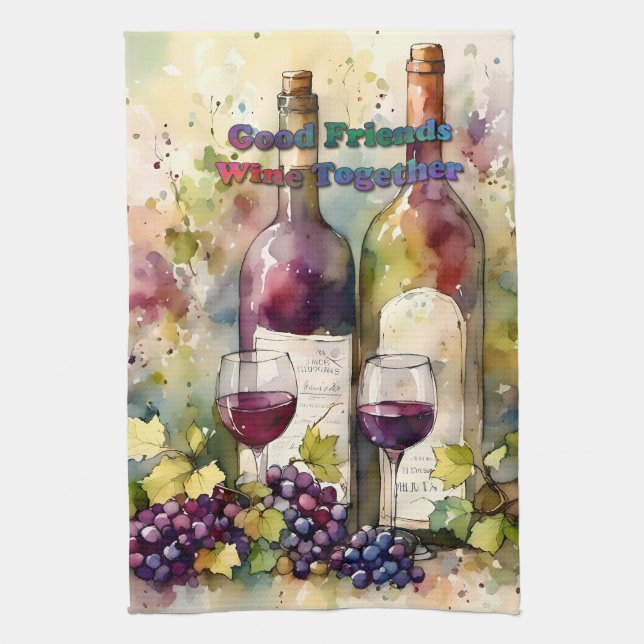 Watercolor Good Friends Wine Together   Kitchen Towel (Vertical)