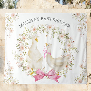 Watercolor Goose Mom & Girl Flowers Baby Shower Tapestry