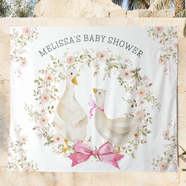 Watercolor Goose Mom & Girl Flowers Baby Shower Tapestry (Creator Uploaded)