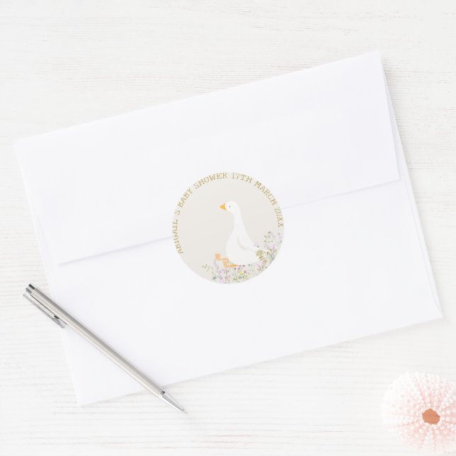 Watercolor Goose Wildflower Baby Shower Classic Round Sticker (Envelope)