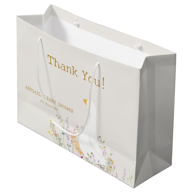 Watercolor Goose Wildflower Baby Shower Large Gift Bag (Front Angled)