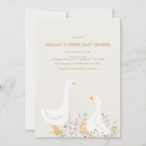 Watercolor Goose Wildflower Twins Baby Shower Invitation