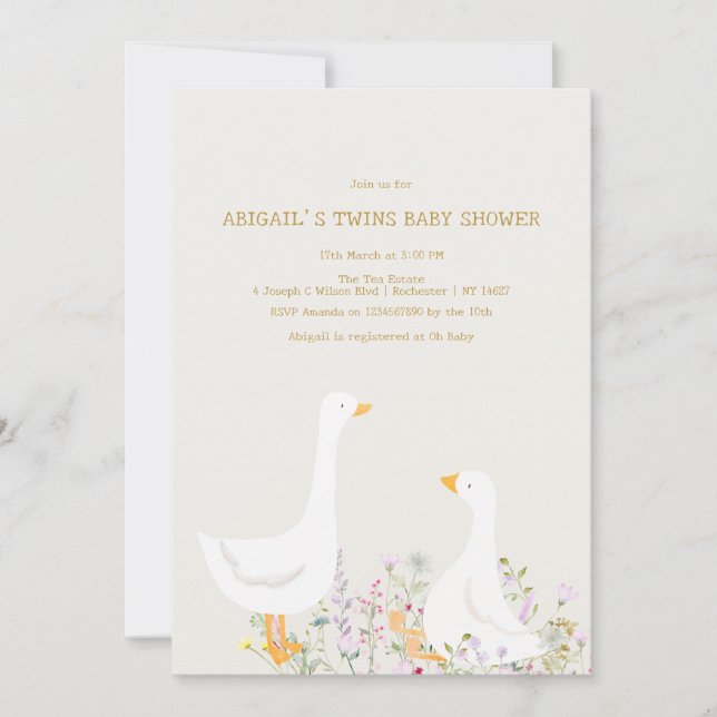 Watercolor Goose Wildflower Twins Baby Shower Invitation (Front)