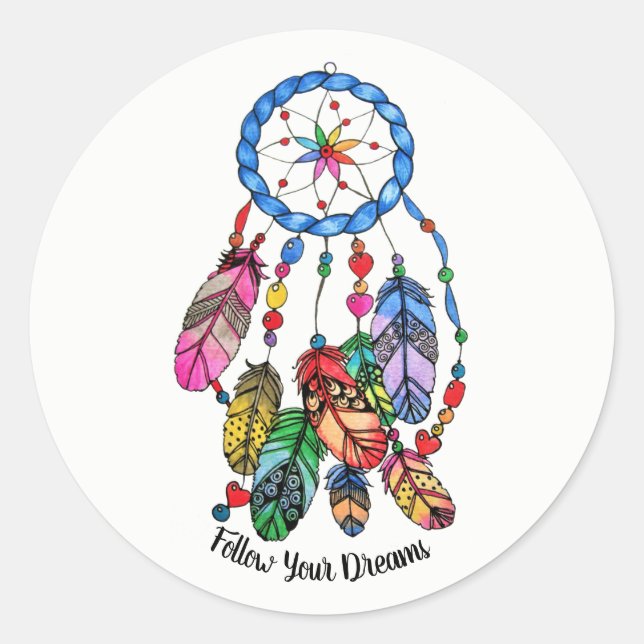 Watercolor gorgeous rainbow dream catcher classic round sticker (Front)