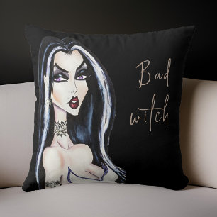 Watercolor Gothic Bad Witch Halloween Throw Pillow