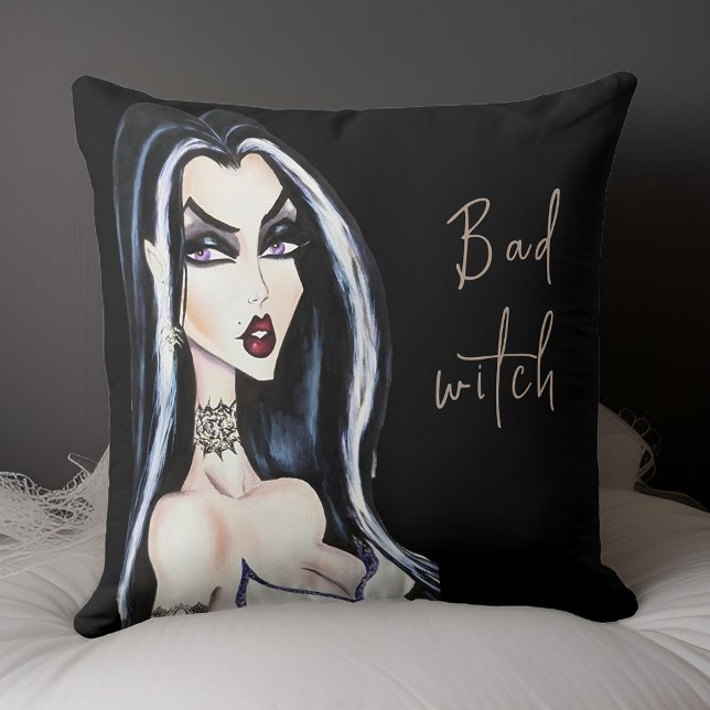 Watercolor Gothic Bad Witch Halloween Throw Pillow (Creator Uploaded)