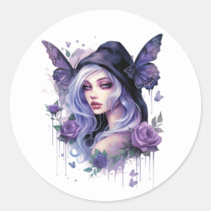 Watercolor Gothic Dark Fairy Classic Round Sticker