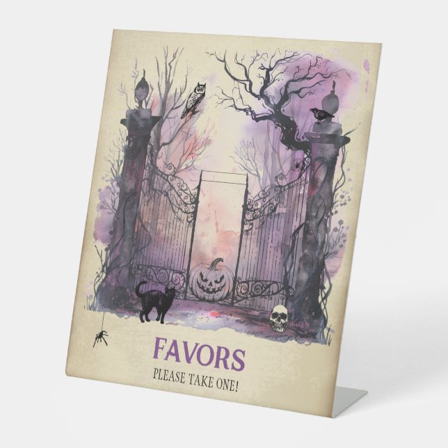 Watercolor Gothic Gate Entrance Halloween Party Pedestal Sign (Front)