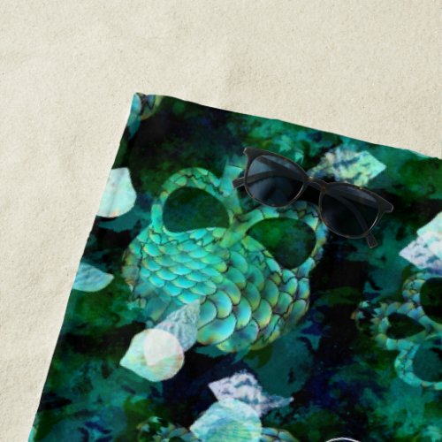 Watercolor Gothic Mermaid Scale Seashells Skulls  Beach Towel